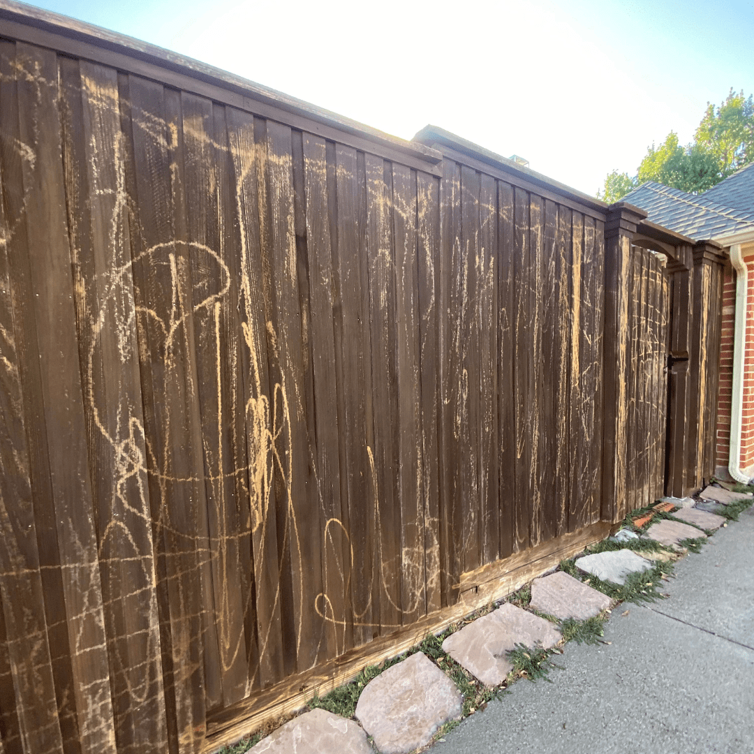 Plano TX fence damaged by pressure washing — don’t power wash fence example