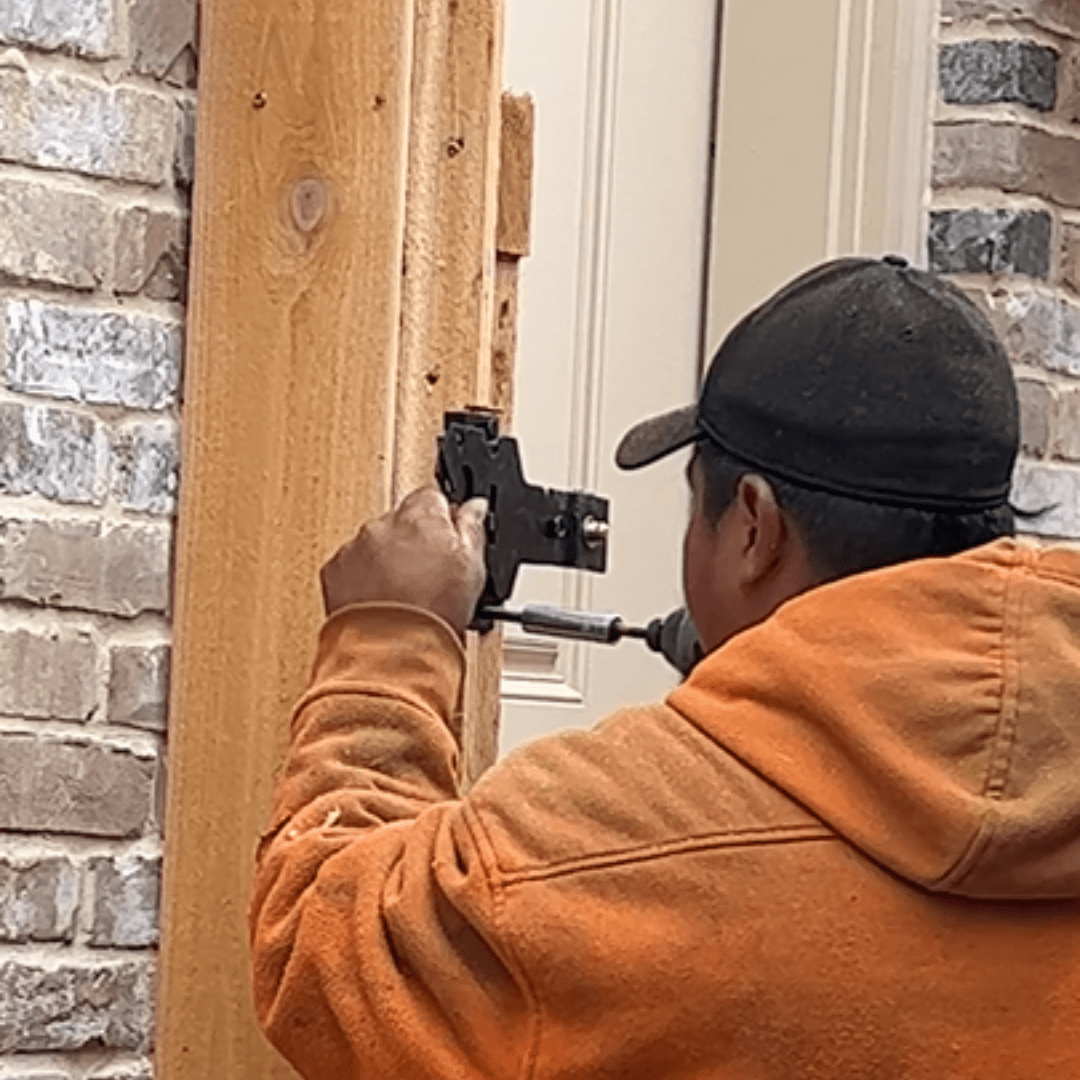 cedar fence gate hardware install closeup